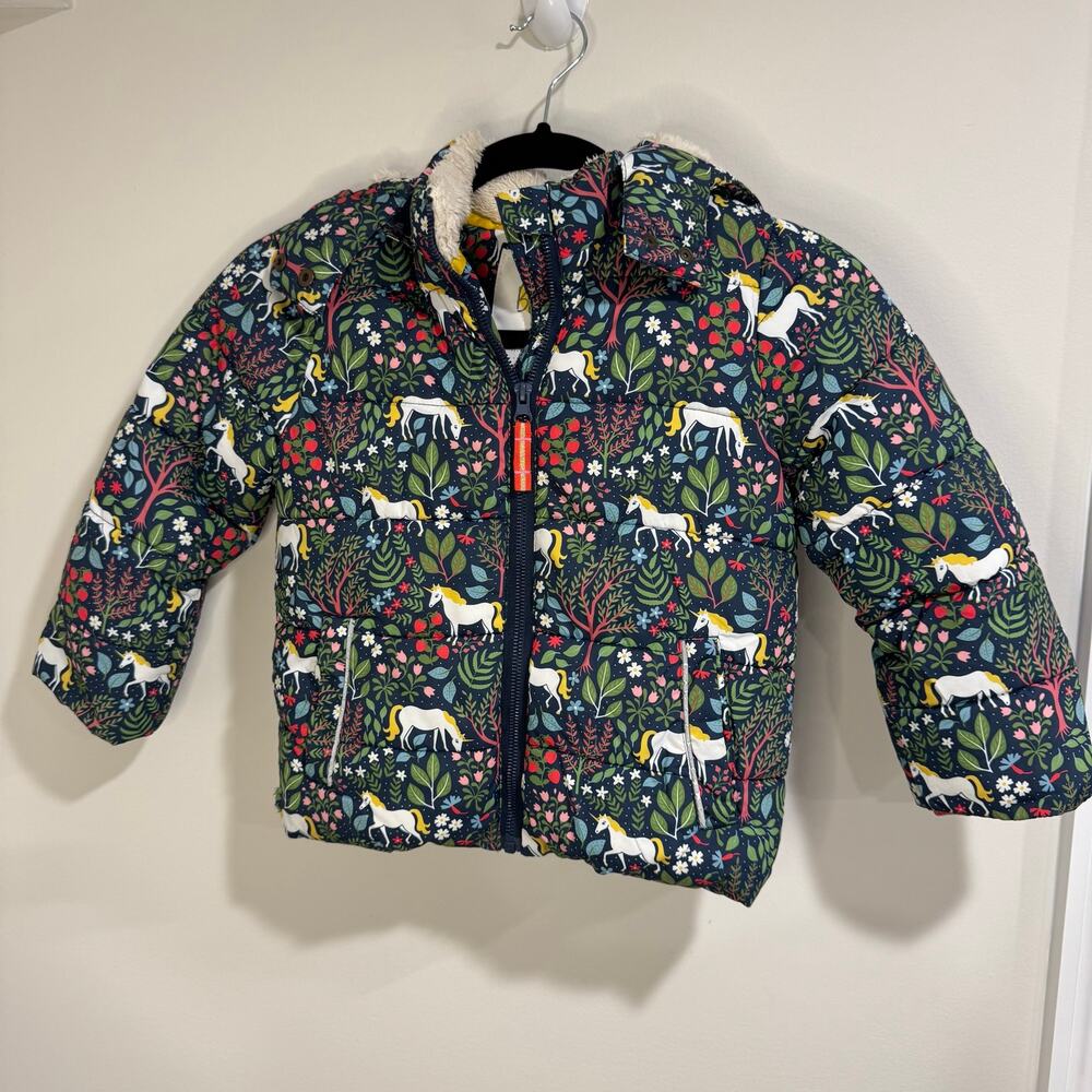 Boden Kids Unicorn Forest Puffer Jacket Hooded Sherpa Lined Girls Size 4-5Y